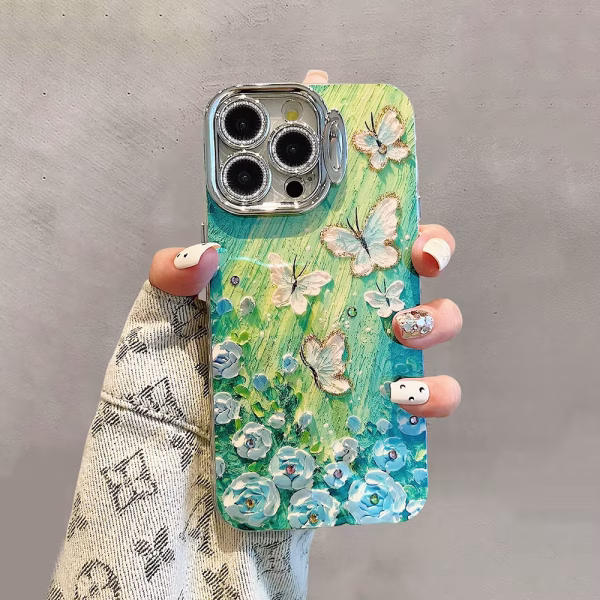 Luxury Butterfly Oil Painting with Lens Protection Holder Shockproof Bumper Cover