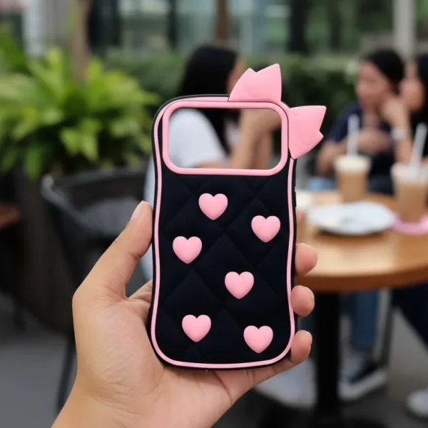 Premium Silicone Soft 3D Pink Hearts Bow Case